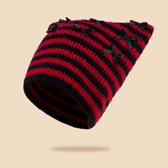 Y2K Striped Cat Ear Beanie Bow Knit Hat Hip Hop Elastic Skull Cap