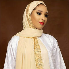 Beaded Lace Chiffon Scarf Hijab Solid Shawl Classic Head Wrap