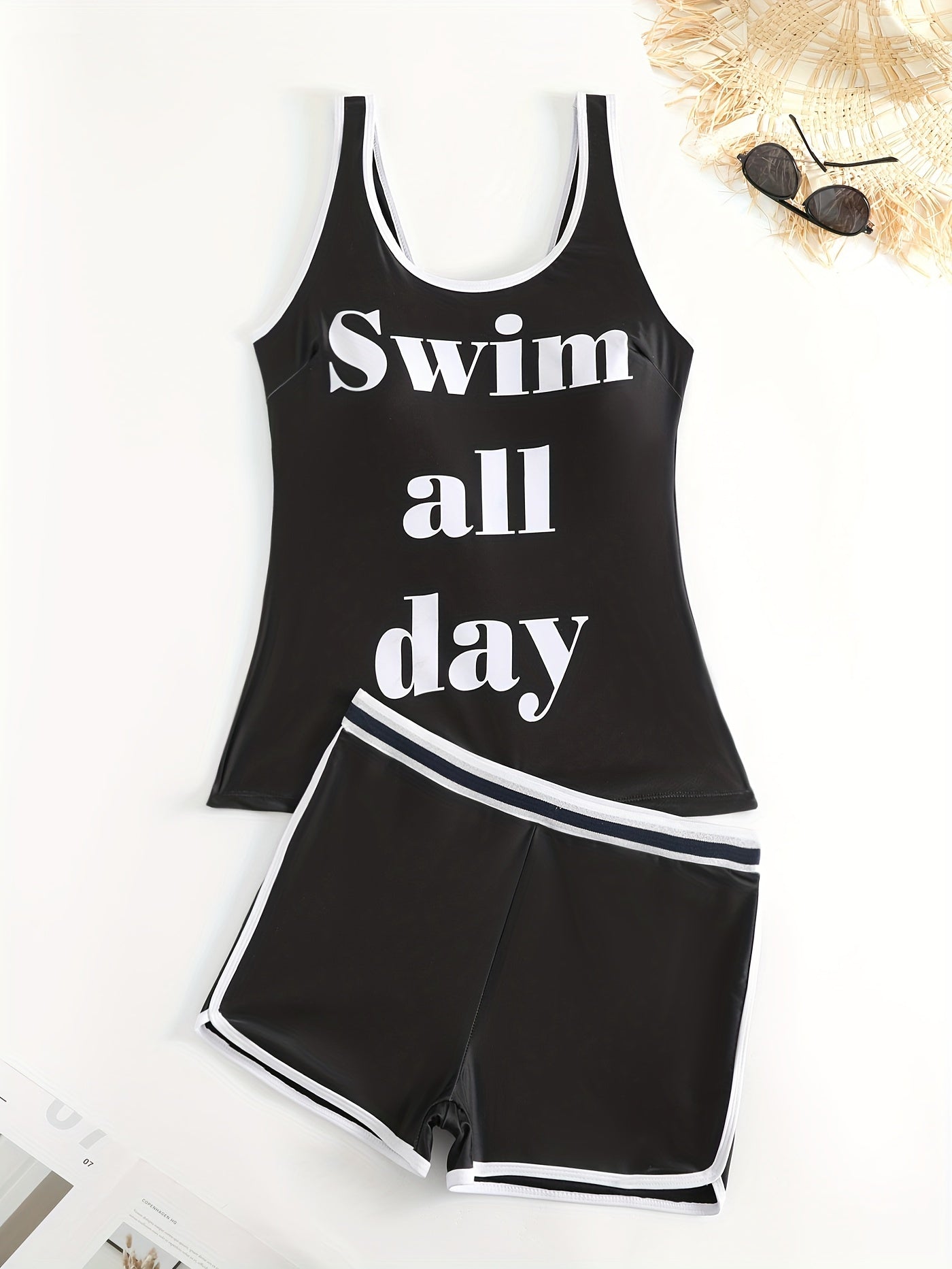  Sporty Tankini Set Women's Plus Letter Print Tank Top