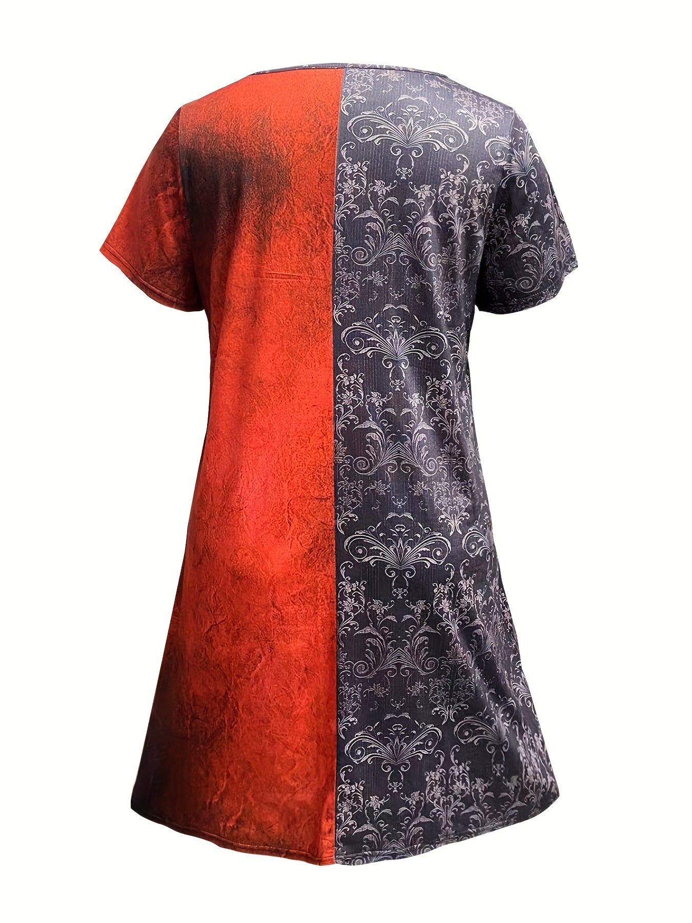  Colorblock Rose Print Short Sleeve V Neck Dress