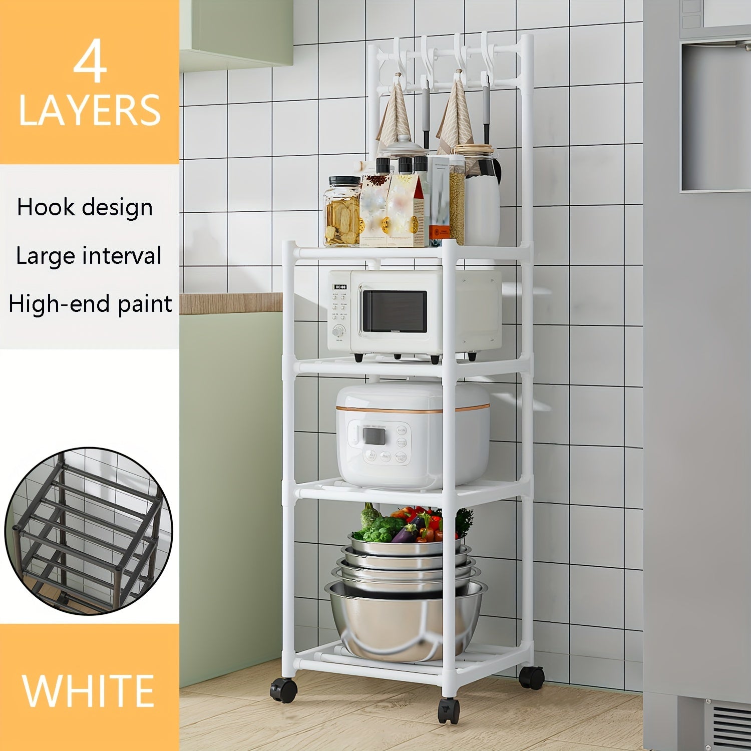 4 Layer Kitchen Storage Rack With Pulleys & Hooks Standing Rack