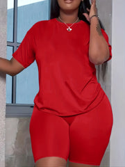 Casual Two-piece Set Crew Neck Tee & Slim Shorts