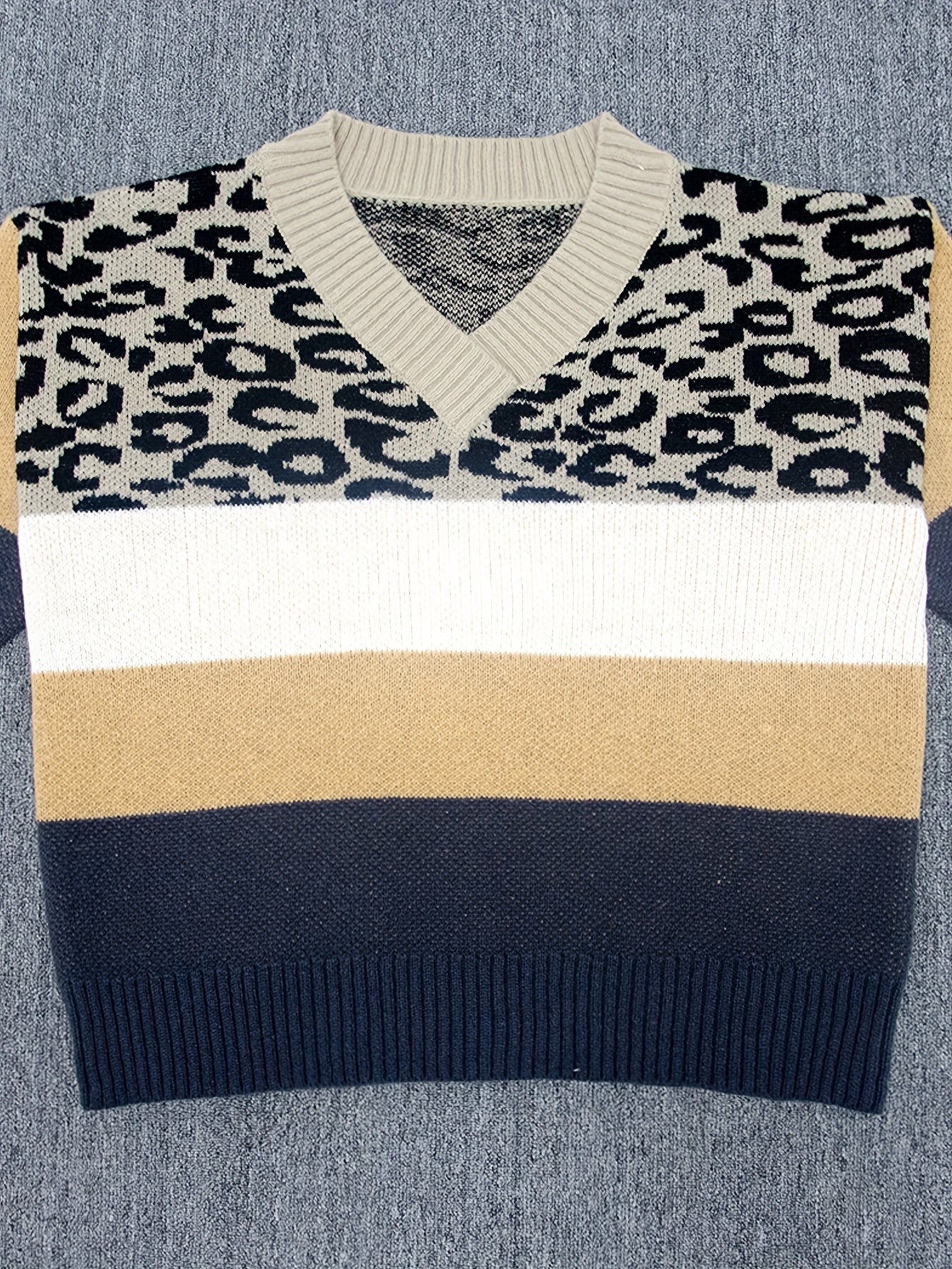  Casual Sweater V Neck Leopard Print Long Sleeve Pullover