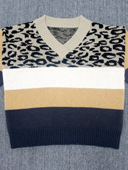  Casual Sweater V Neck Leopard Print Long Sleeve Pullover