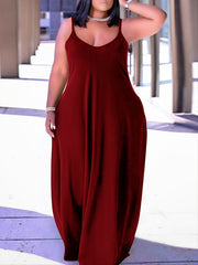  Casual Cami Dress Women's Plus Plain Round Neck Slight Stretch