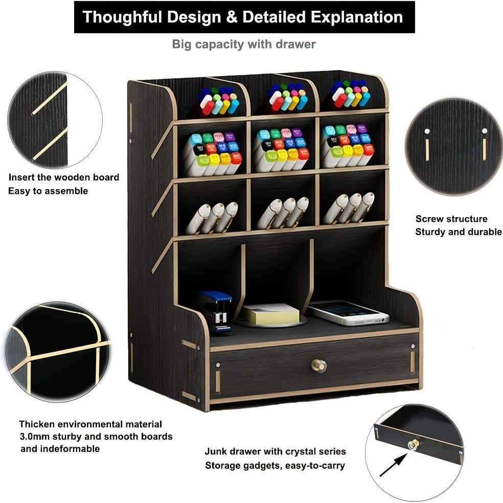 Wooden Desk Organizer Pen Holder Desktop Stationary Storage