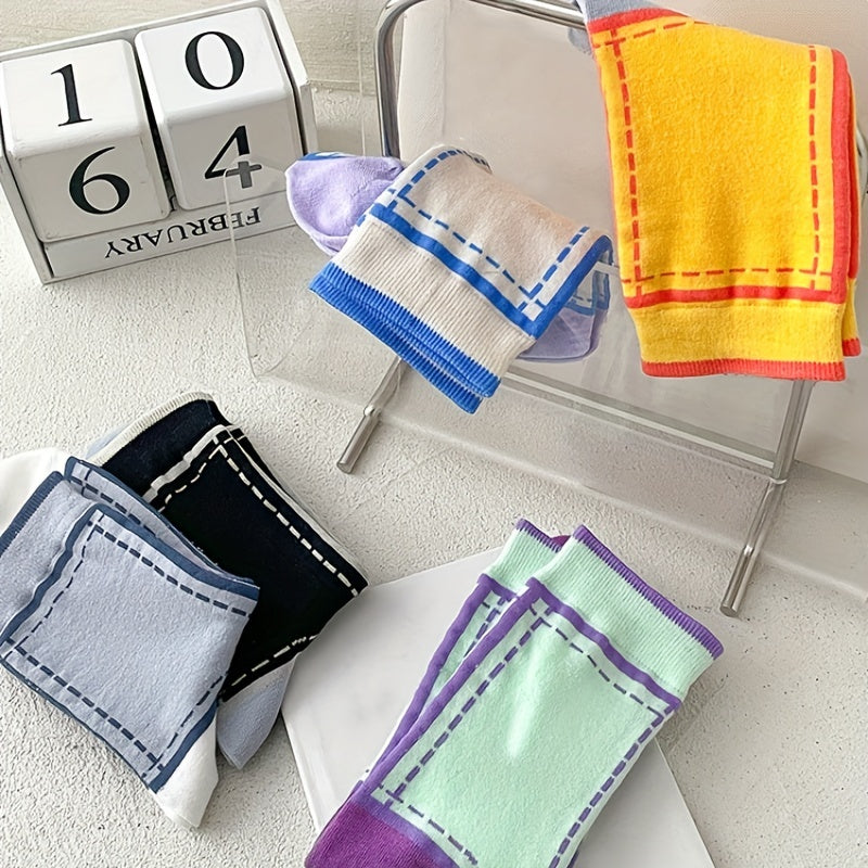 5 Pairs Colorblock Crew Socks Women's Stockings