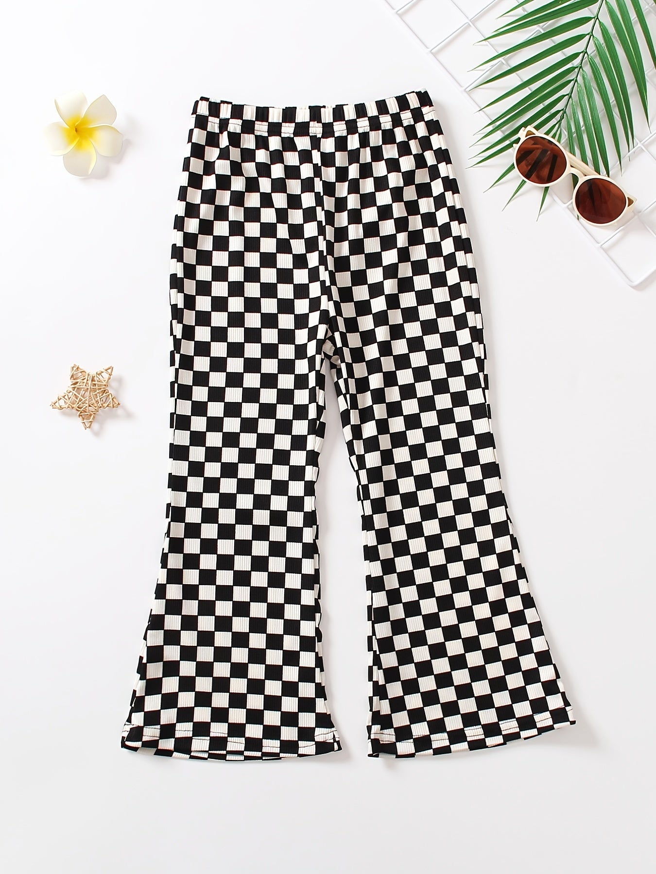 Girls Checkerboard Print Flare Leg Pants High Elastic Waist Long Trousers