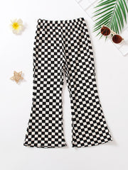 Girls Checkerboard Print Flare Leg Pants High Elastic Waist Long Trousers