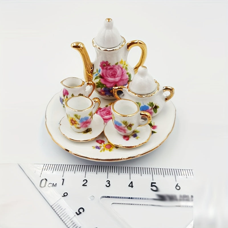 Floral Tea Set for Dolls - Teapot, Cups, Saucers, Tray - Flower Patterns