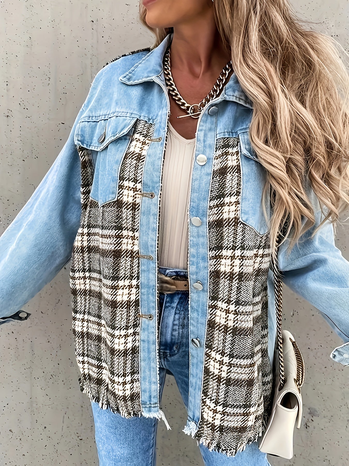  Colorblock Plaid Print Denim Jacket