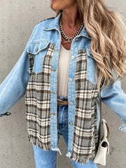  Colorblock Plaid Print Denim Jacket