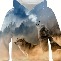 Boy's Howling Wolf Graphic Hoodie Casual 3D Print Hooded Sweatshirt