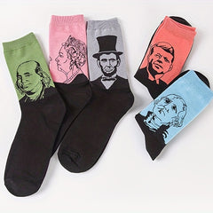 5 Pairs Portrait Print Socks Women's Mid Tube Stockings & Hosiery