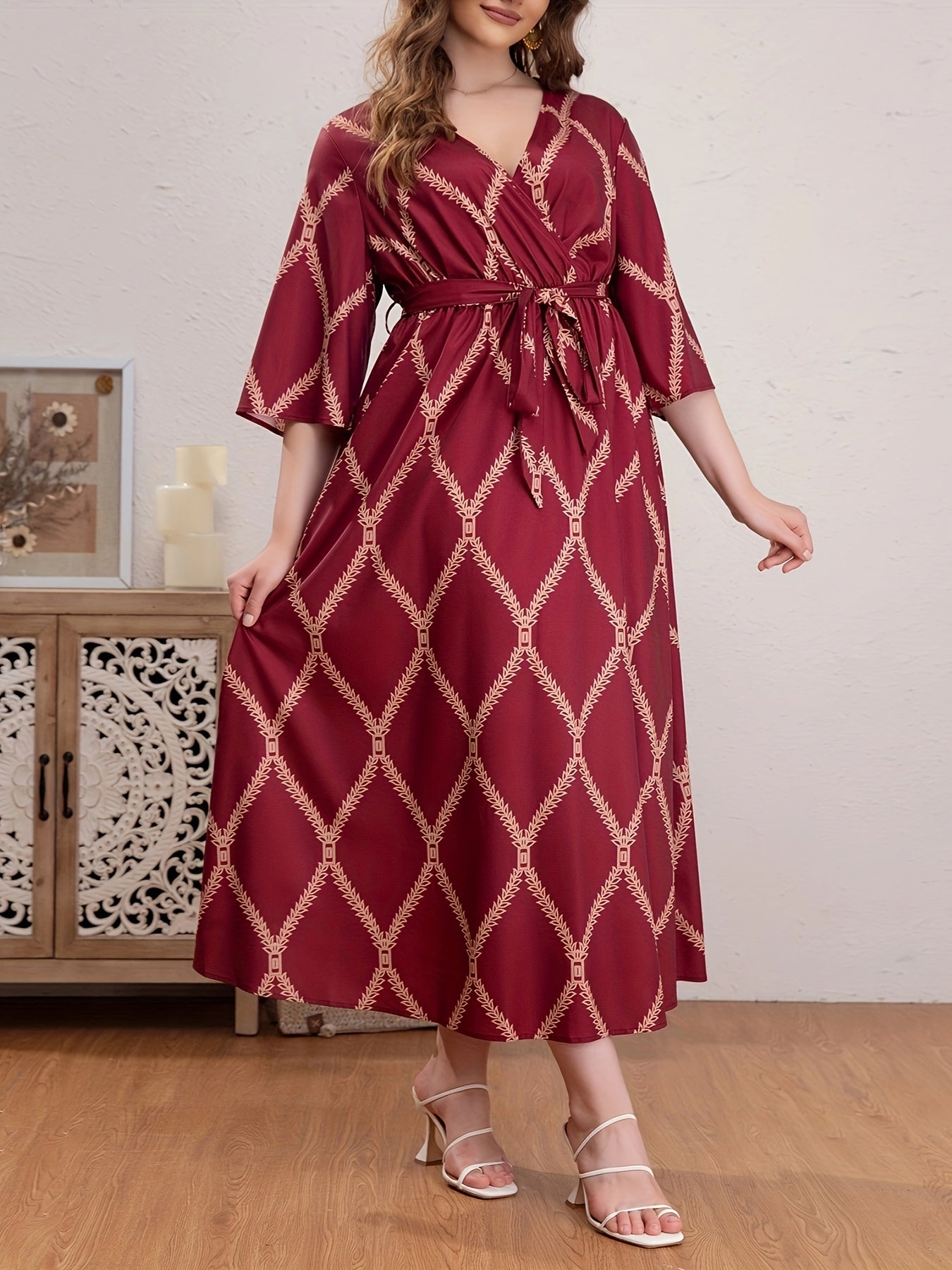  Boho Abaya Dress Women's Plus Argyle Print Three Quarter Sleeve