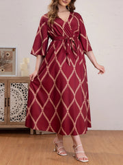  Boho Abaya Dress Women's Plus Argyle Print Three Quarter Sleeve