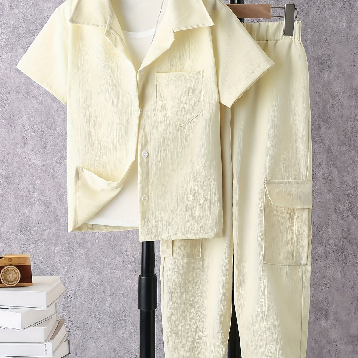 Boy's Solid Shirt & Cargo Pants Set for Spring Summer