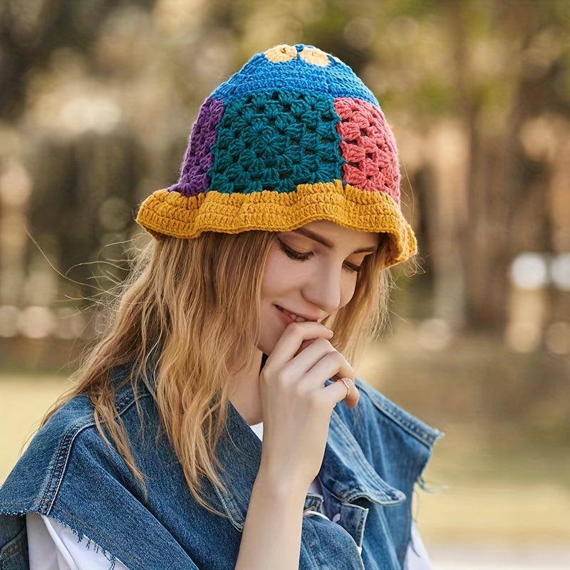Hollow Crochet Flower Bucket Hat Block Knitted Basin Hat