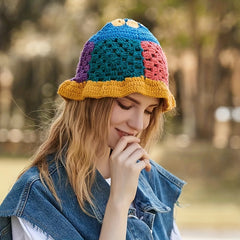 Hollow Crochet Flower Bucket Hat Block Knitted Basin Hat