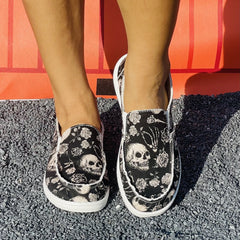Floral & Skull Slip On Canvas Shoes Halloween Loafers
