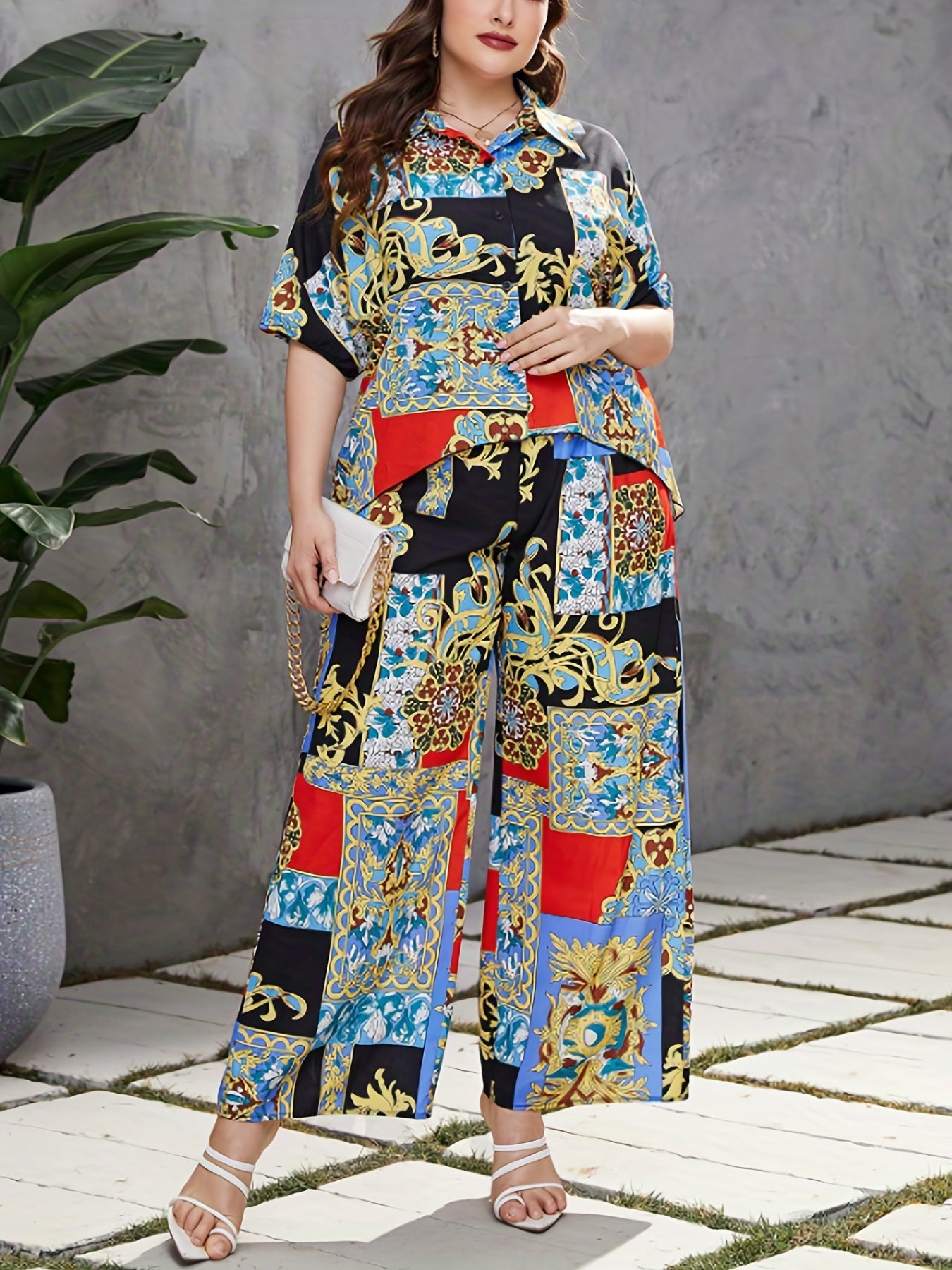  Colorblock Baroque Print Blouse & Wide Leg Pants Outfits 2 Piece Set