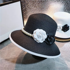 Straw Bucket Hat with Faux Pearl Hatband & Flower Decor