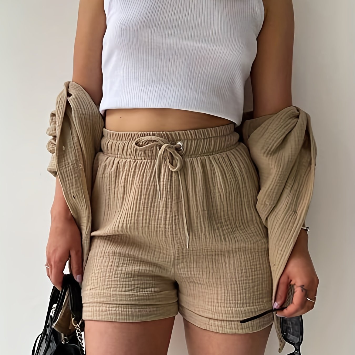 Casual Two piece Set Button Front Shirt & Drawstring Waist S
