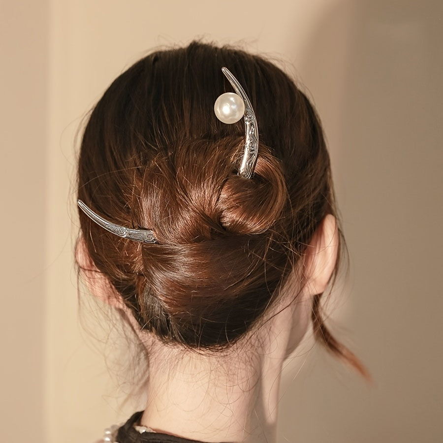 Moon Hairpin Flower Hair Pin Chignon Hair Clasp Girl Women Faux Pearl Hair Clip