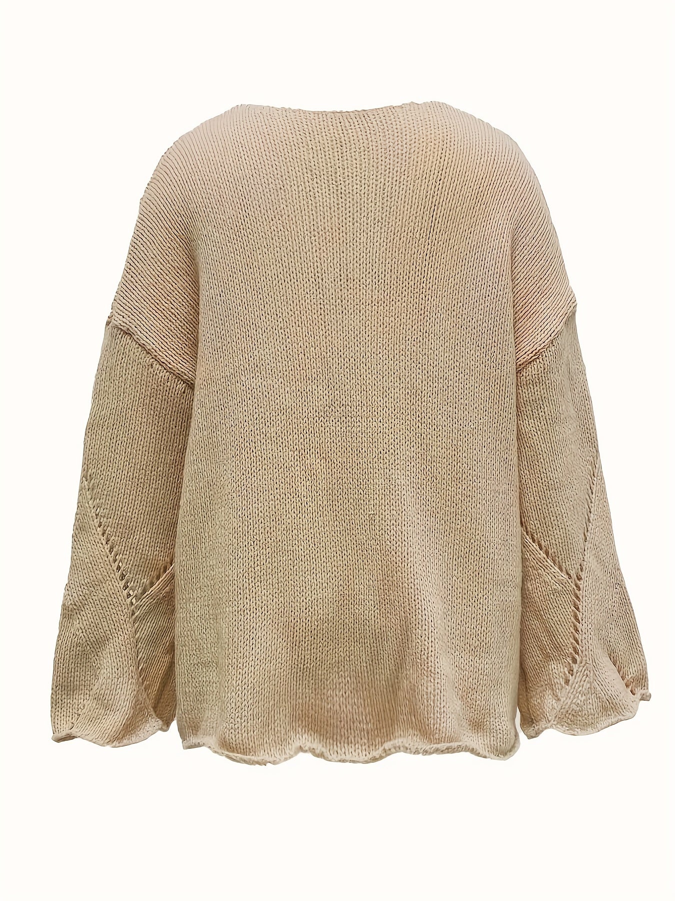 V Neck Hollow Out Solid Knit Sweater Long Sleeve