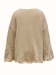 V Neck Hollow Out Solid Knit Sweater Long Sleeve