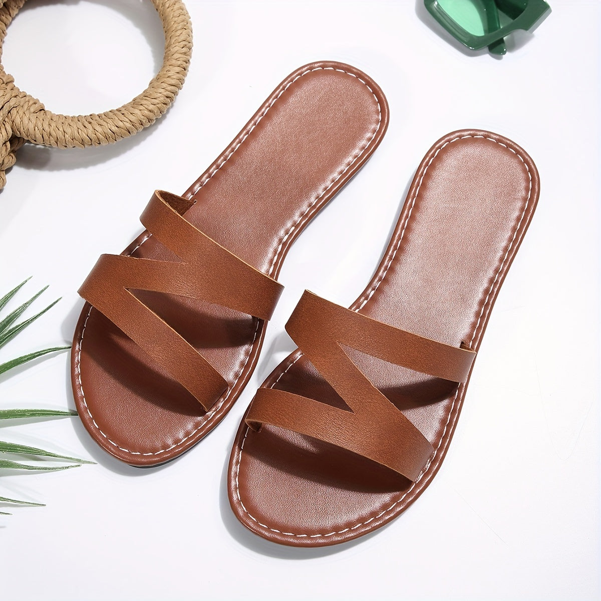 Women's Casual Leather Sandals Open Toe Slip On Flat Slippers