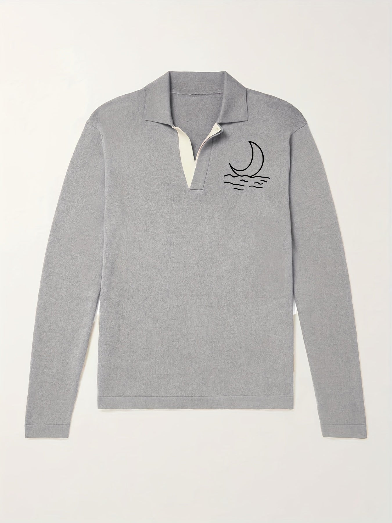 Moon Pattern Knit Polo Shirt Men's Casual Lapel Stretch V Neck Pullover