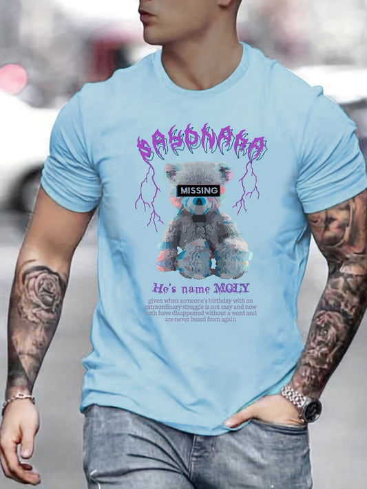 Teddy Bear Print Men's Graphic Crew Neck T-shirt Casual Comfy Tees