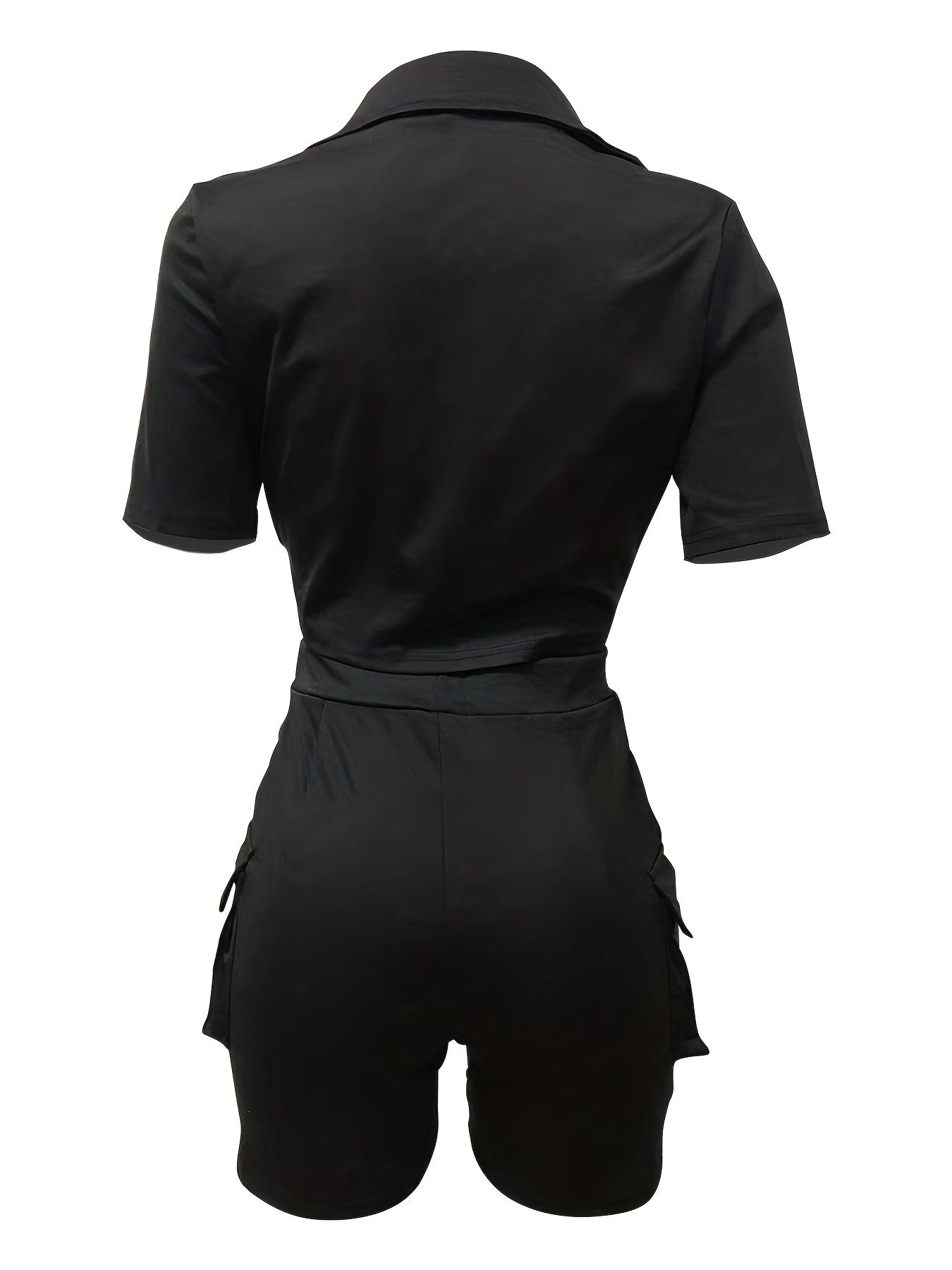 Casual Solid Matching Two Piece Set Short Sleeve Blouse & Flap Pockets Shorts