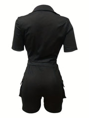 Casual Solid Matching Two Piece Set Short Sleeve Blouse & Flap Pockets Shorts