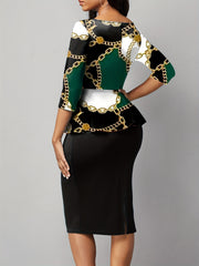  Baroque Print Peplum Top & Midi Skirt Set