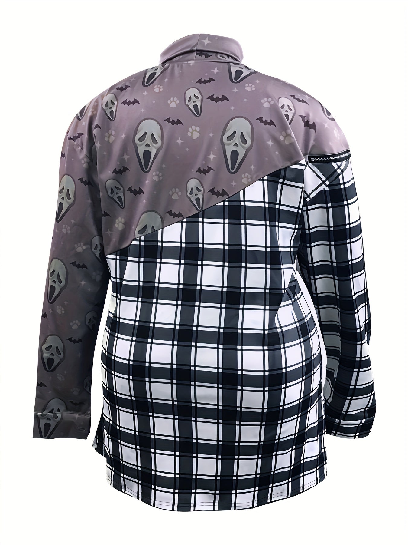  Colorblock Plaid & Skull Print Mock Neck Dress