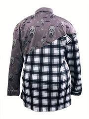  Colorblock Plaid & Skull Print Mock Neck Dress