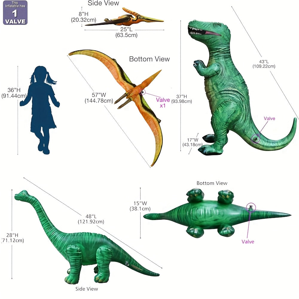 3pcs Inflatable Dinosaur Set: Pterosaur, Brachiosaurus, Tyrannosaurus Rex