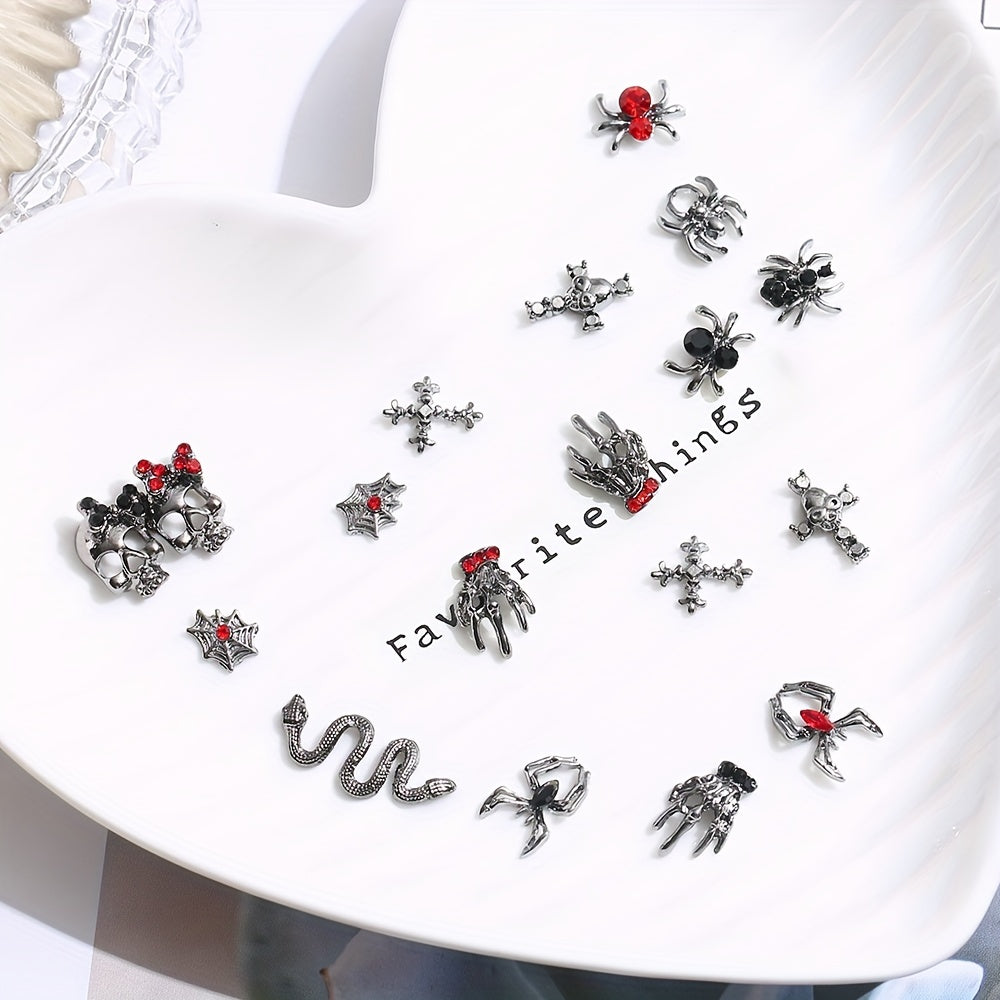 10pcs Halloween Nail Art Charms 3D Metal Spider Skeleton Cross Skull Nail Gem