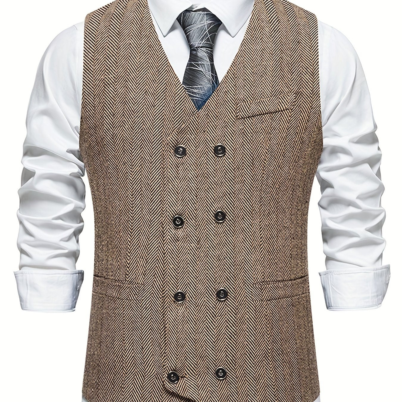 Classic Herringbone Double Breasted Men's Vest Wedding Retro Suit