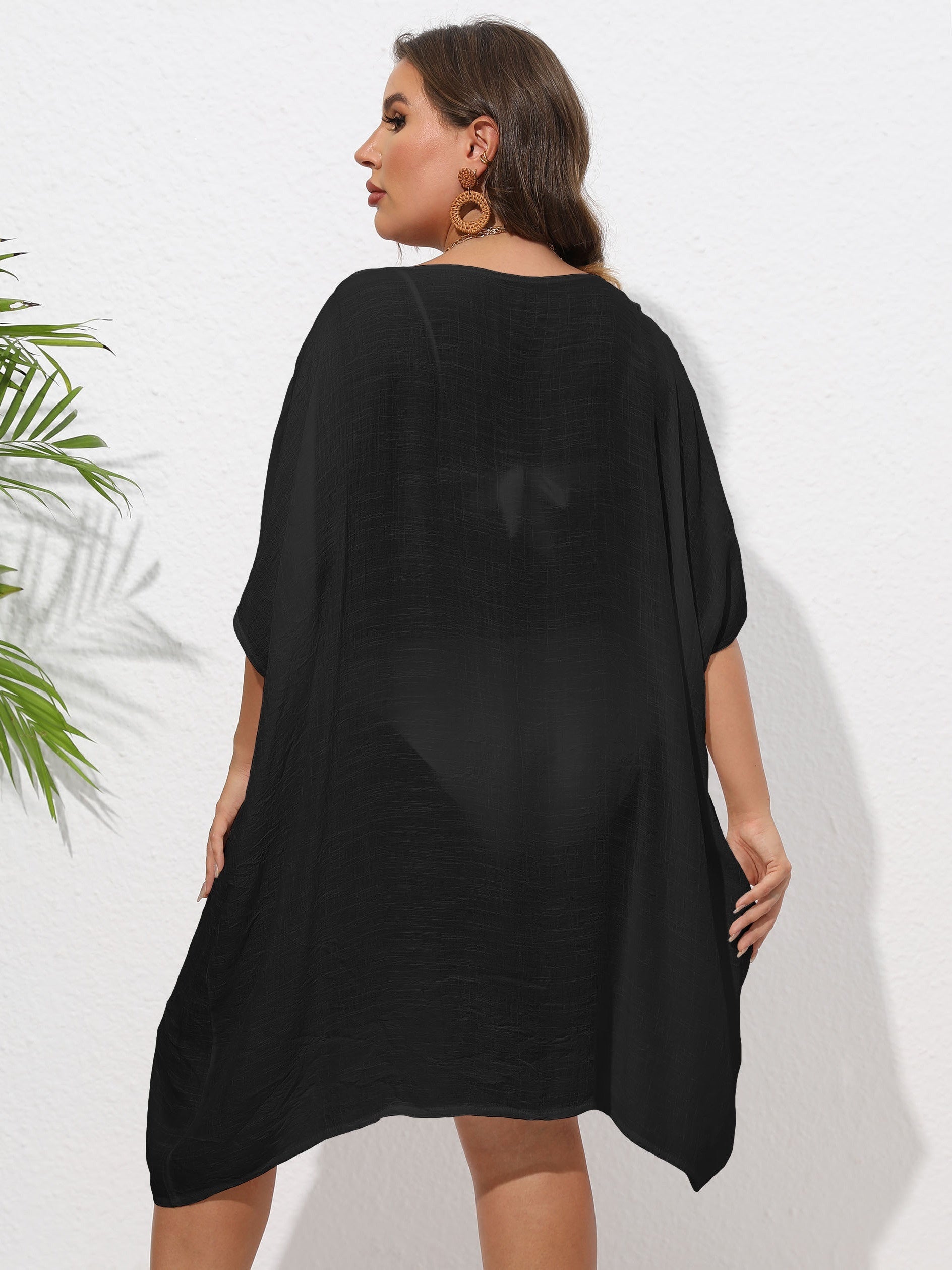  Sexy Cover Up Women's Plus Contrast Crochet Batwing Sleeve V Neck