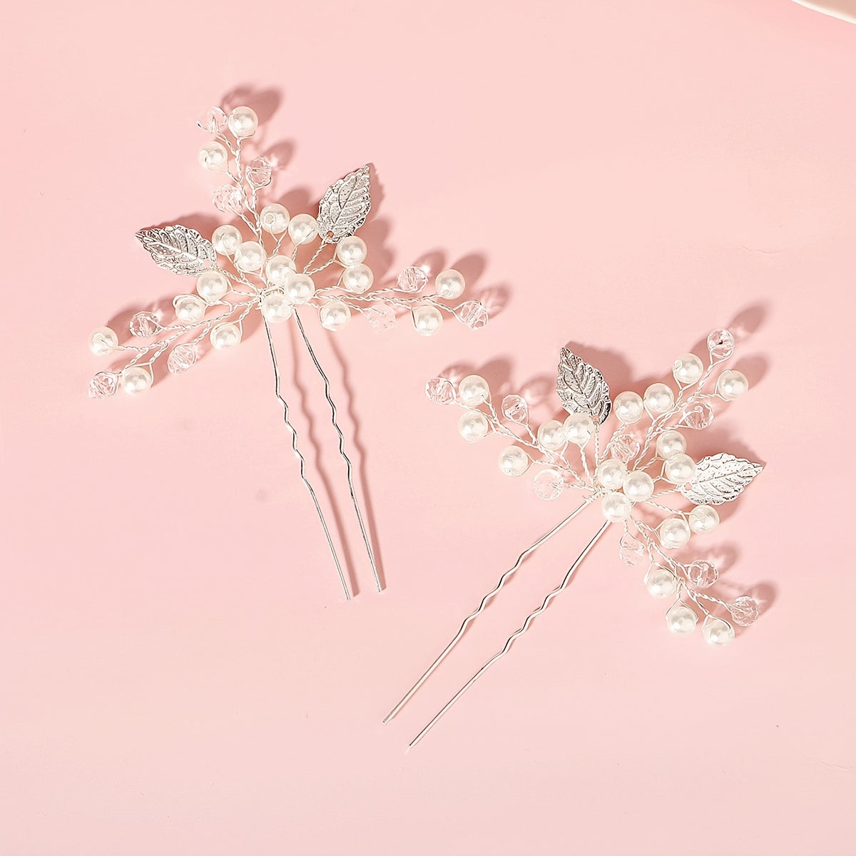 2pcs Silver Pearl Bridal Hair Pins Leaf Hair Accessories