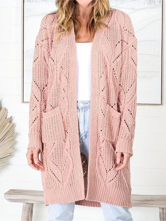  Solid Knit Long Sleeve Cardigan With Pockets