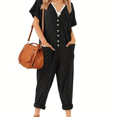 Women's Plus Button Up V Neck Short Sleeve Jumpsuit
