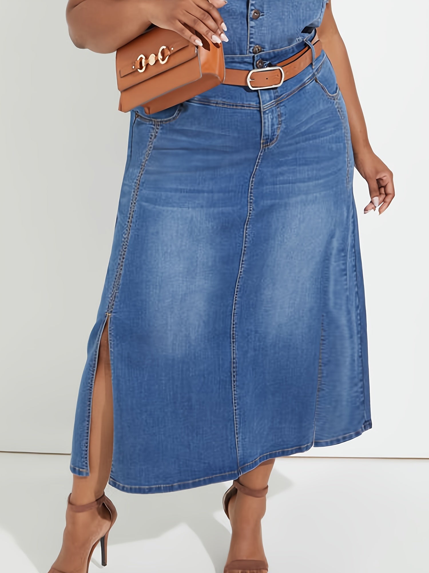 Women's Plus Solid Seam Front Button Fly High Rise Denim Skirt