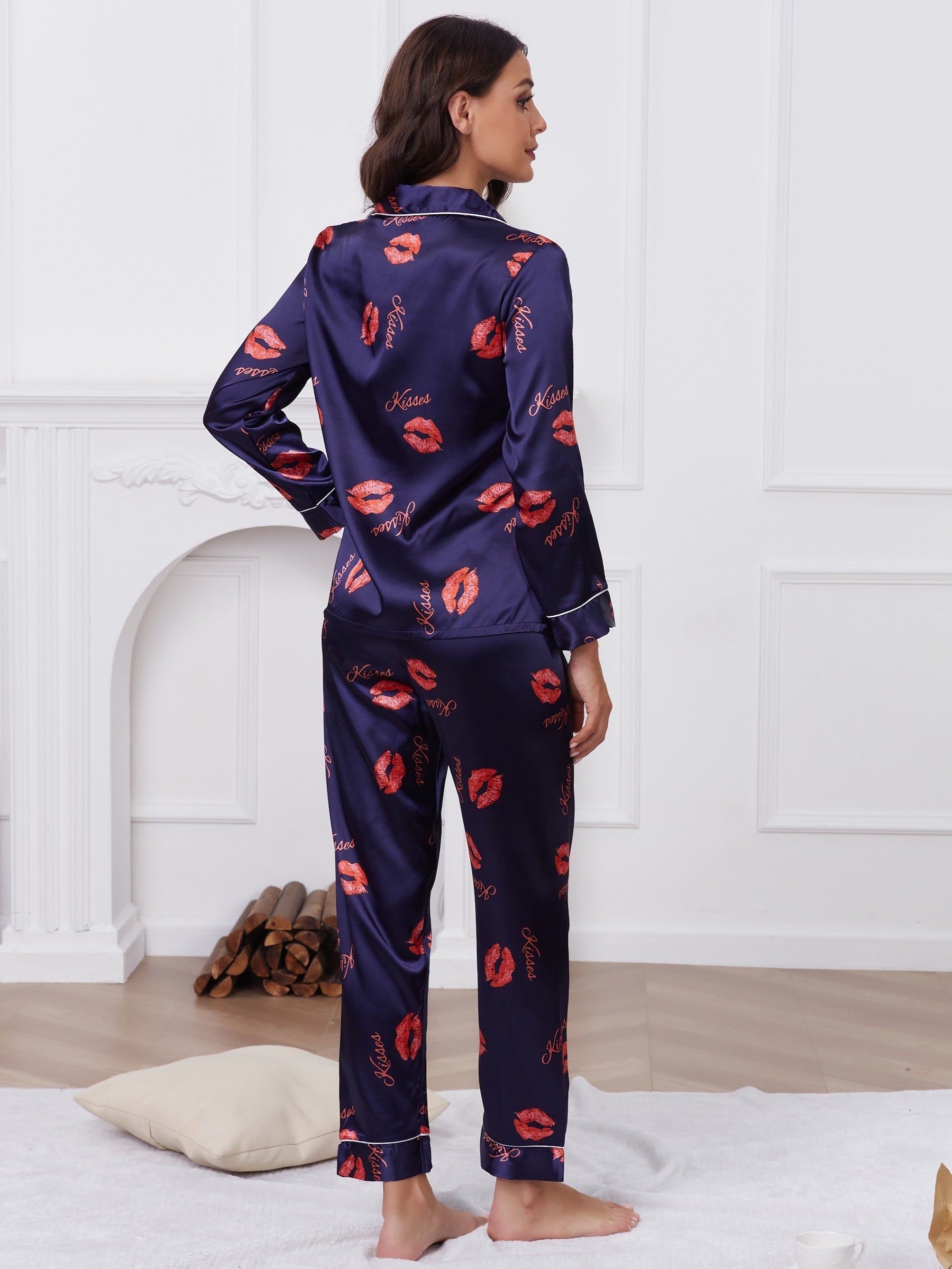 Lips & Letter Print Pajama Set Long Sleeve Top & Pants Women's Sleepwear