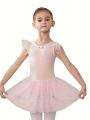 Flower & Cross Back Sequins Ballet Dress Girls Princes Puffy Skirt