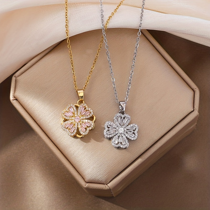 Girl's Lucky Clover Full Brick 360 Rotation Pendant Necklace