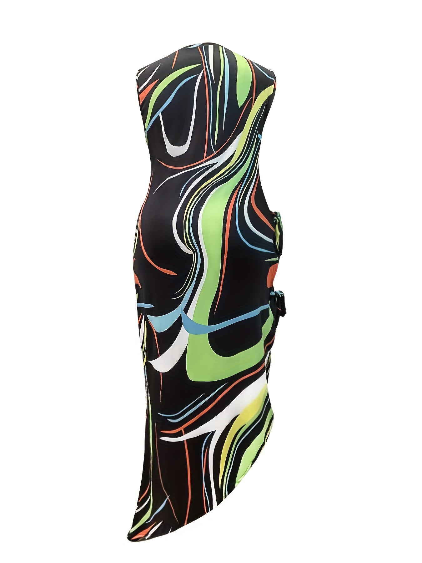  Sexy Dress Abstract Stripe Print Side Tie Bodycon Midi Dress